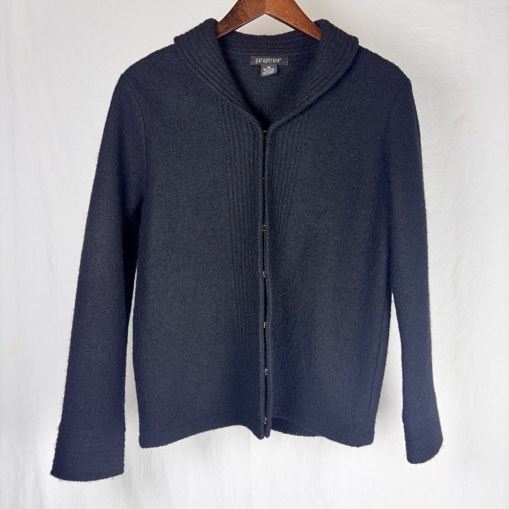 Paraphrase Womens Black Boiled Wool Cardigan Jacket Hook Eye Closure Size M